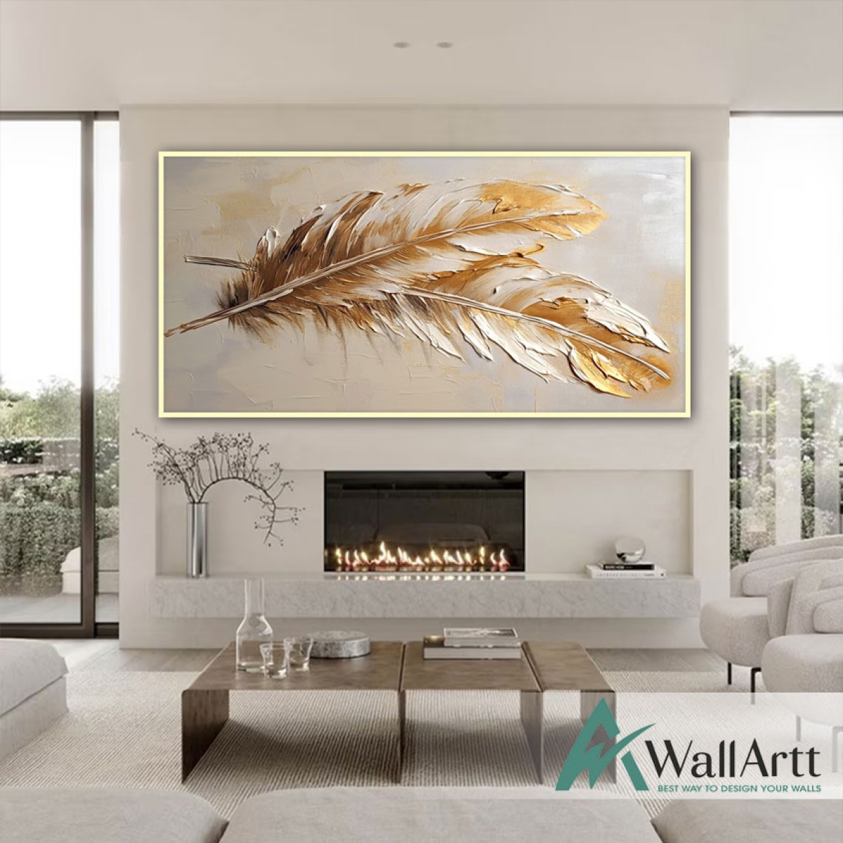 Gold Feather III 3d Heavy Textured Partial Oil Painting